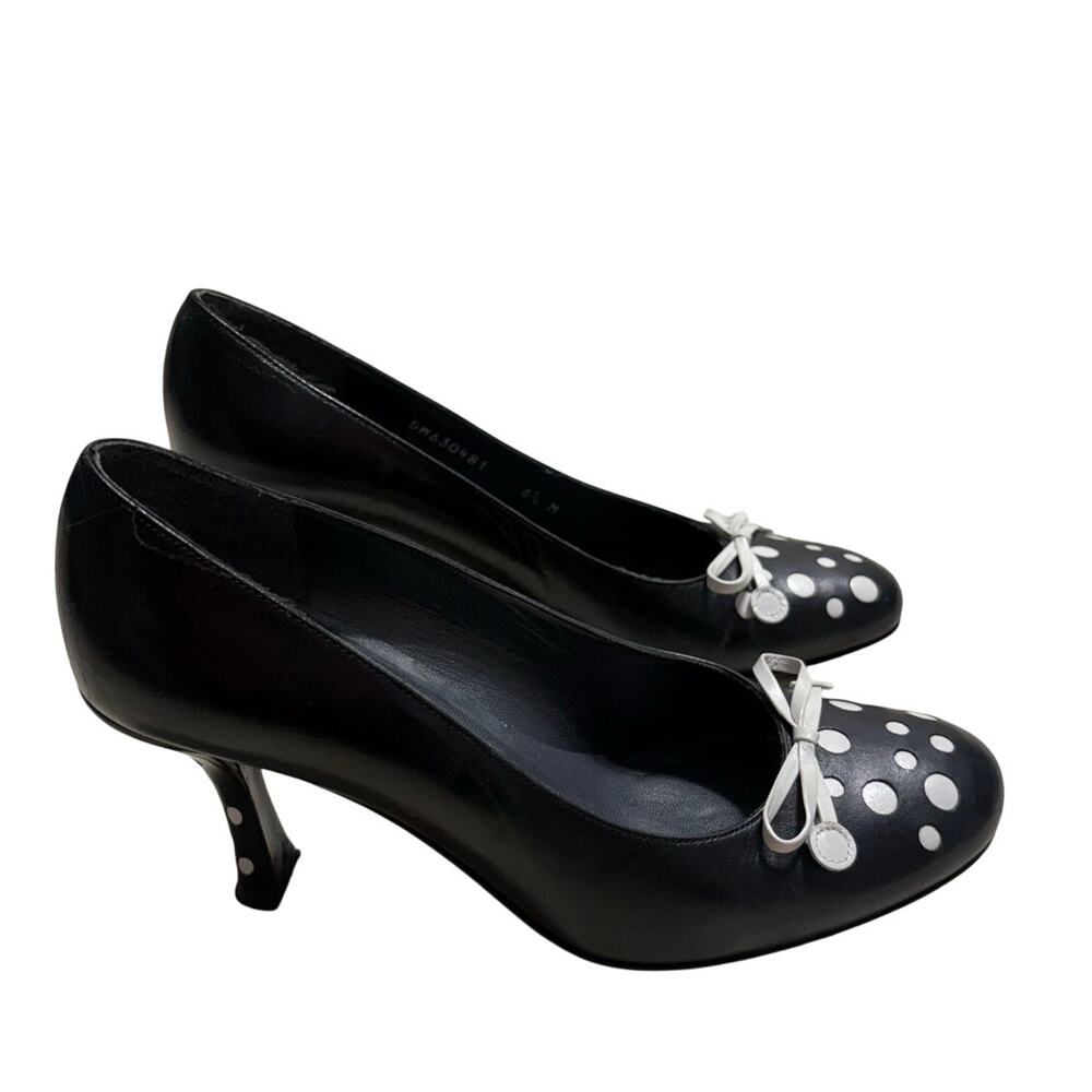 Stuart Weitzman Polka Dot Round Toe High Heels 6.5 Medium Black White Leather
